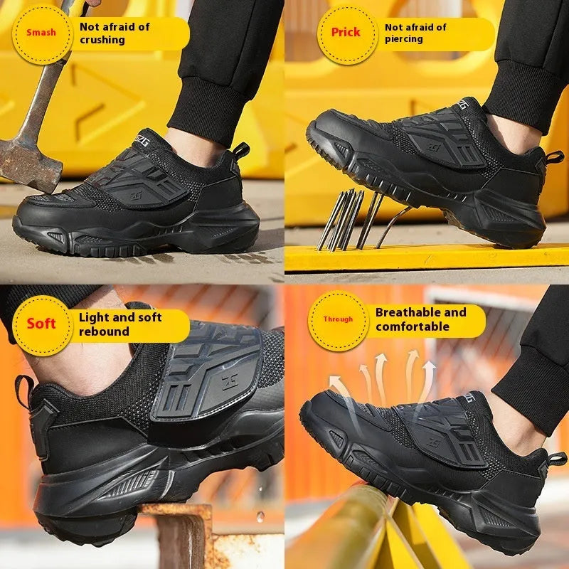 Black steel toe anti-puncture safety work boots with felt buckle and woven fabric upper.