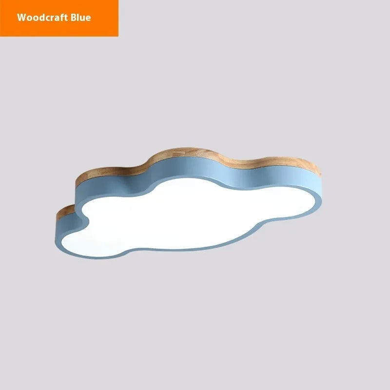 Cloud shaped wooden finish LED ceiling lamp in pink, blue, green or yellow with dimmable lighting