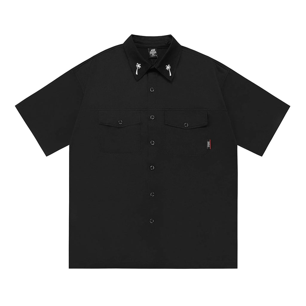Men's loose fit embroidered cotton blend half sleeve shirt in black and khaki colours