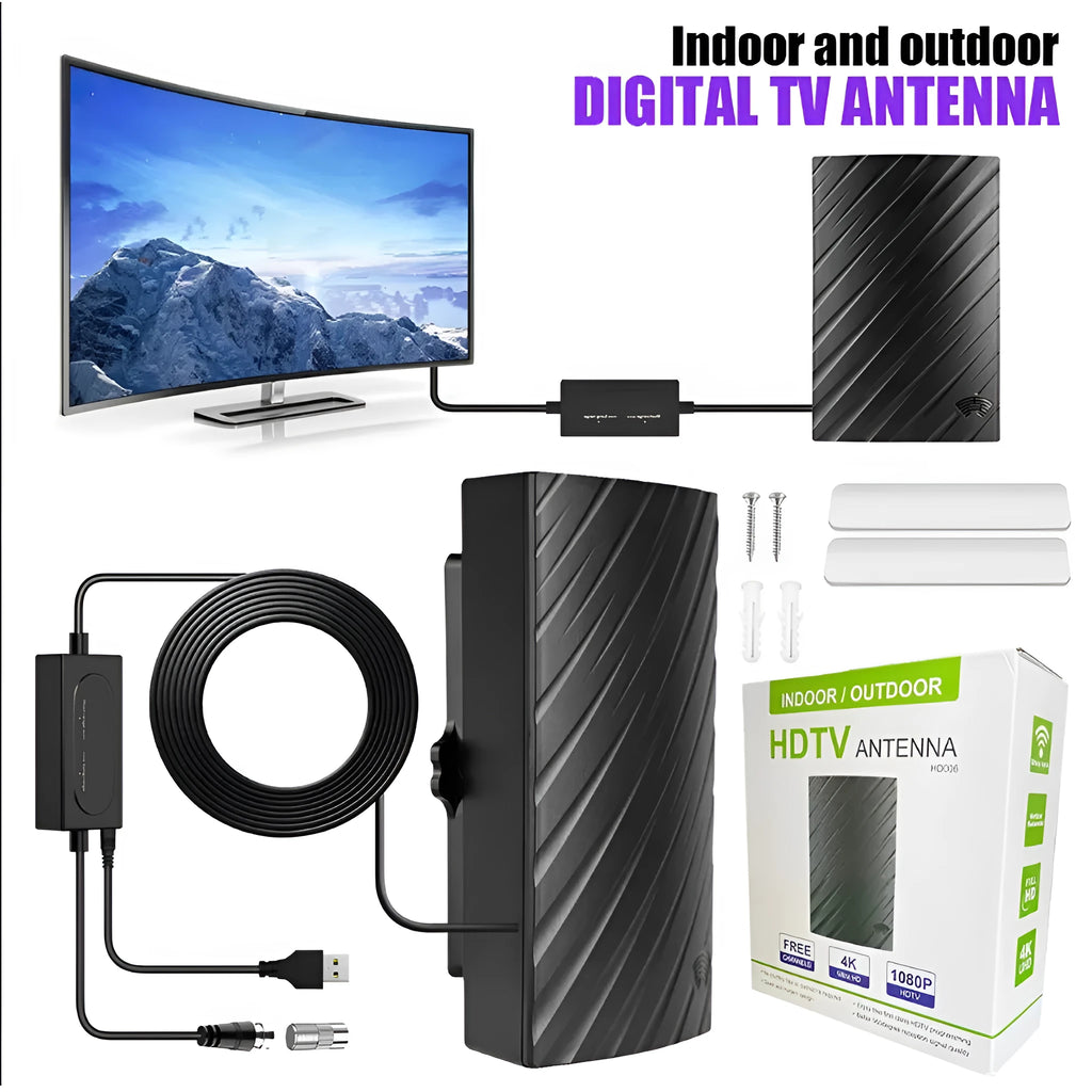 Black digital television antenna with mounting accessories including expansion tubes, screws, and cable ties
