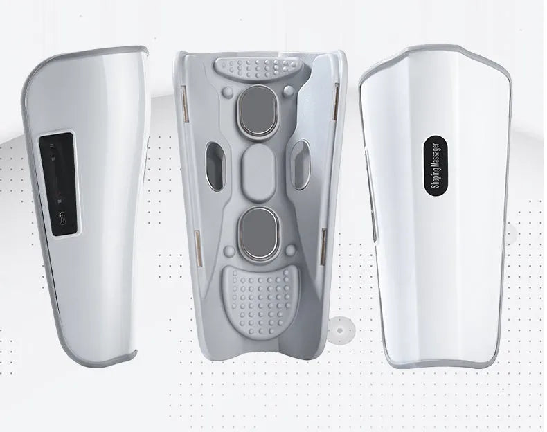 White plastic portable calf massager with electrotherapy pulse and infrared functions.
