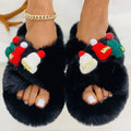 Women's super hairy faux plush slippers with Christmas hat decoration in black.