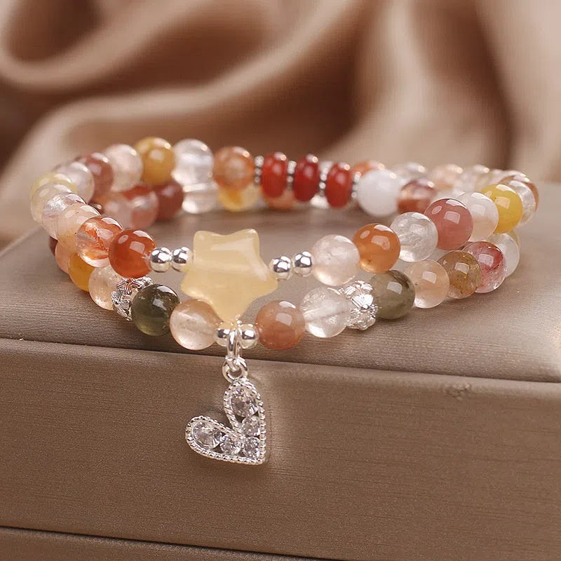Natural crystal double ring bracelet with red hair crystal design for women
