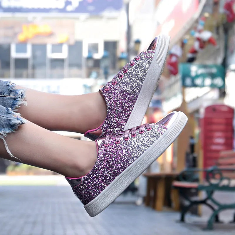 Women's colourful sequin low-top casual shoes with round toe and lace-up closure