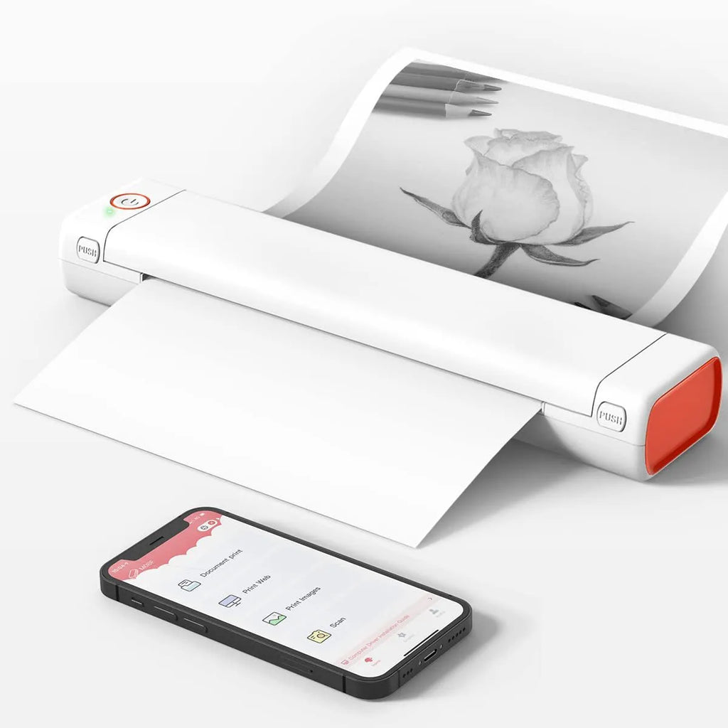 Phomemo M08F A4 portable thermal printer in compact design with multiple colour options