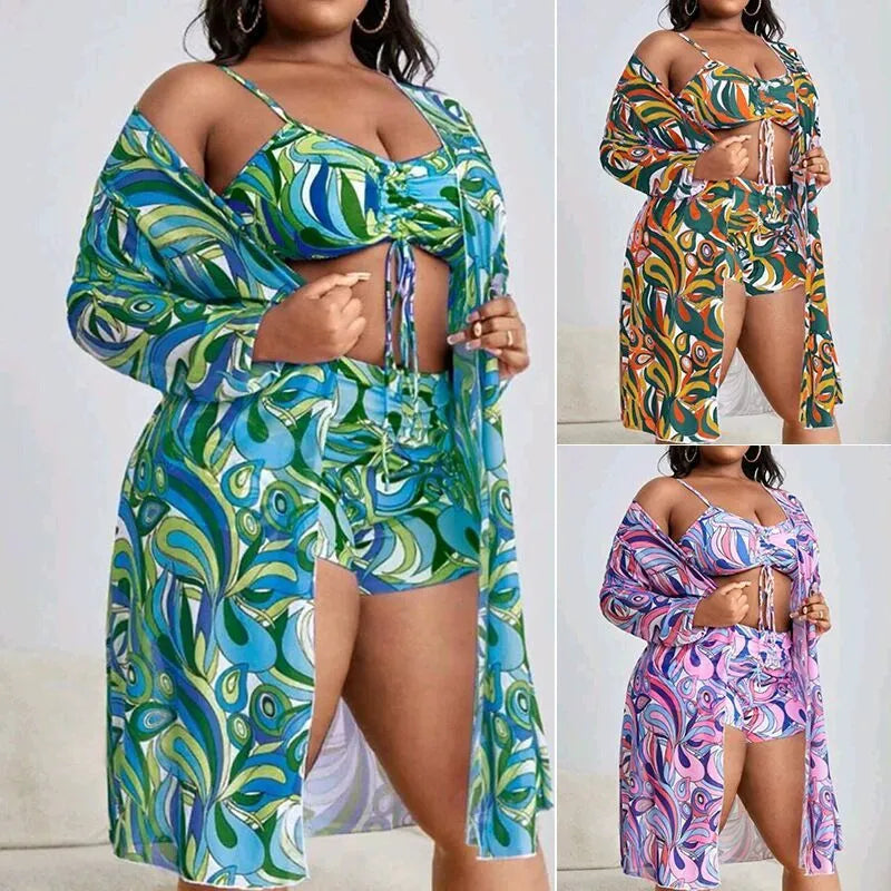 Women's floral patterned three-piece bikini set showing bra, shorts, and cardigan in plus sizes
