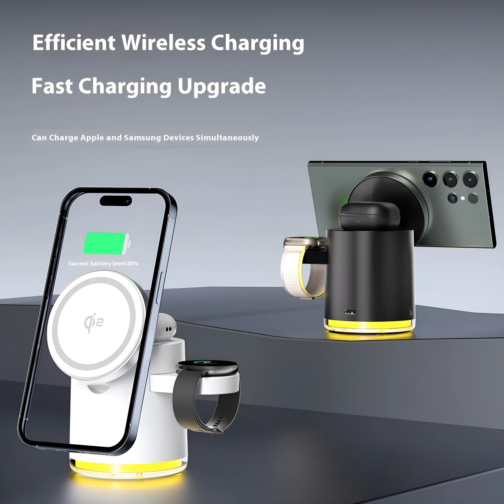 C16 folding three-in-one magnetic wireless charger in black or ivory white, charging a phone, watch and earphones.