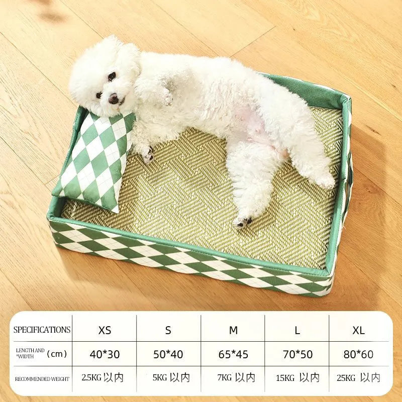 Rattan woven cat litter mat serving as cooling bed in blue, size options shown