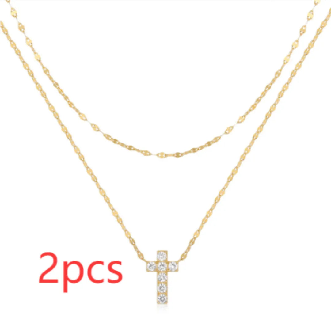 S925 sterling silver double layer twin diamond cross pendant necklace with clavicle chain.