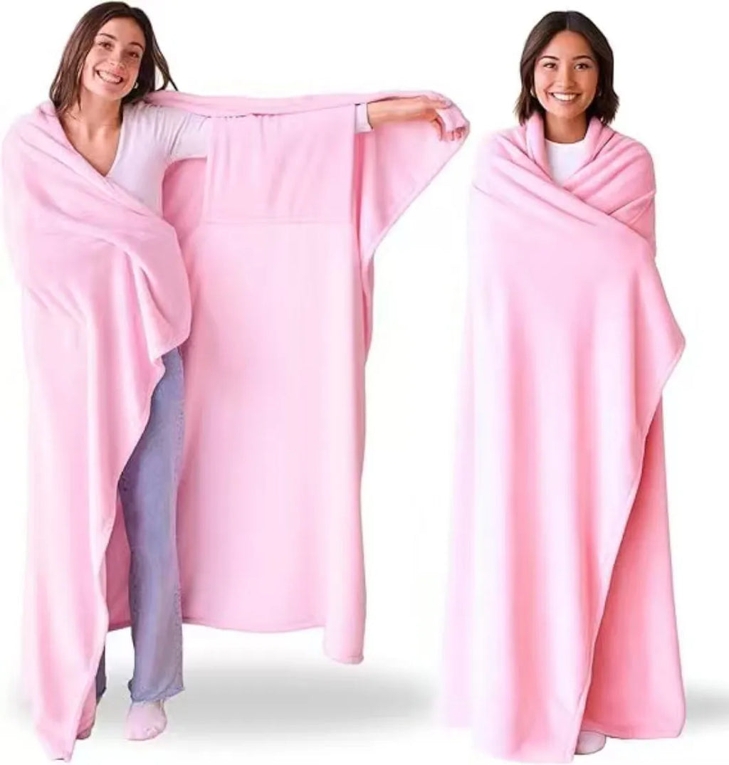 Ladies soft wearable blanket with hood and sleeves in light pink, 200x130cm, for home daily use