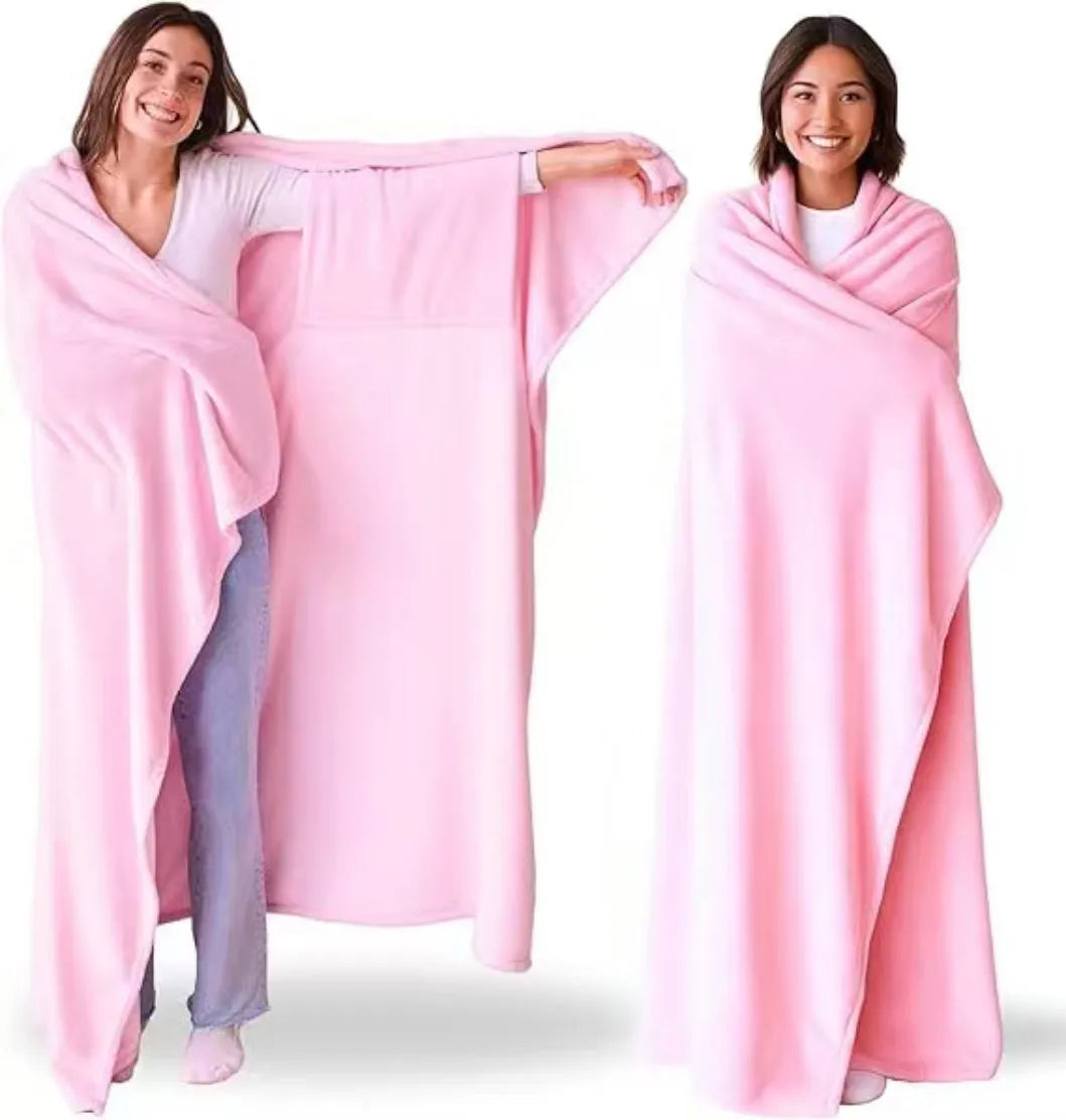 Ladies soft wearable blanket with hood and sleeves in light pink, 200x130cm, for home daily use