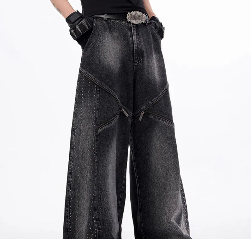 Korean style washed denim wide leg pants with matching waistcoat in black and grey