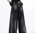Korean style washed denim wide leg pants with matching waistcoat in black and grey