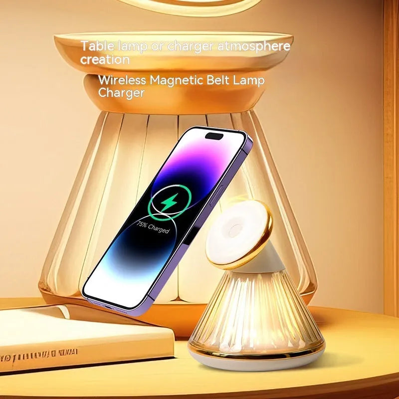 Champagne gold night table lamp with integrated magnetic wireless charging pad and dimmable LED light.