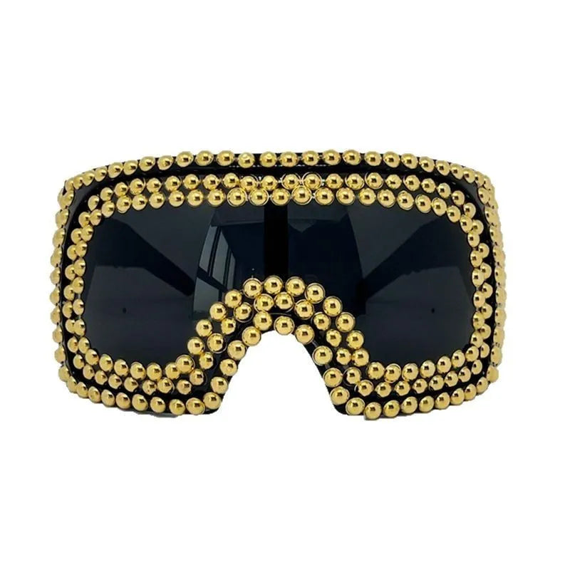 Men's super large rim square sunglasses with punk rivet detailing in silver colour