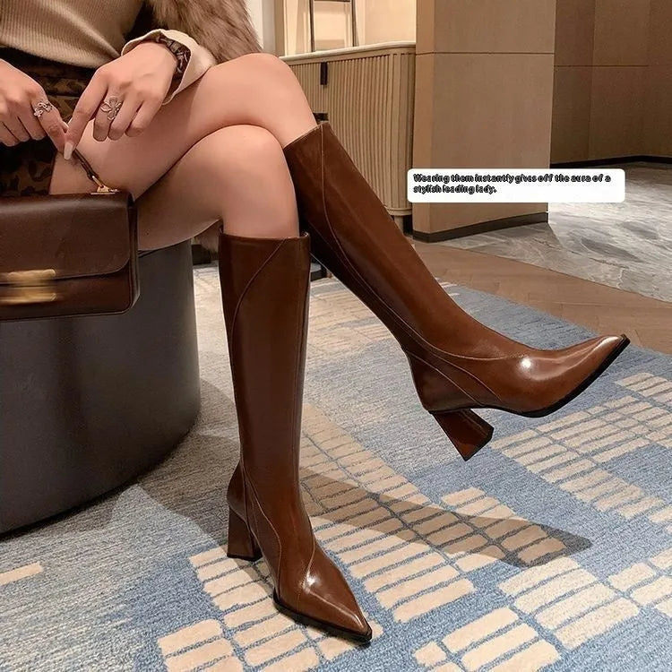 Women's retro Maillard tube high heel riding boots in black cowhide with waterproof platform sole