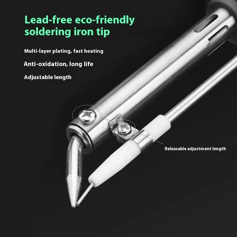External heating soldering gun with black plastic handle, 220V EU plug, 235x215x50mm size, solder wire, stand, tweezers, and solder sucker