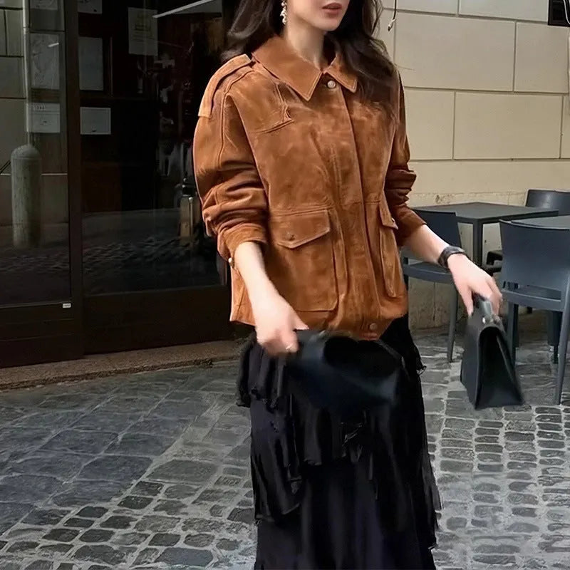 Women's brown street chic suede-look coat with regular sleeves