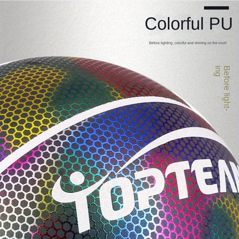 Size 7 fluorescent basketball with holographic reflective surface in chroma and white colours.