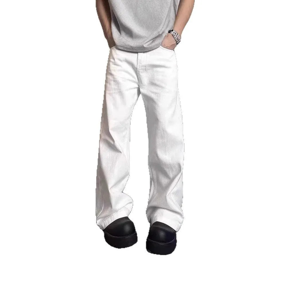 Men's white straight-leg jeans with loose fit and mid-waist cut