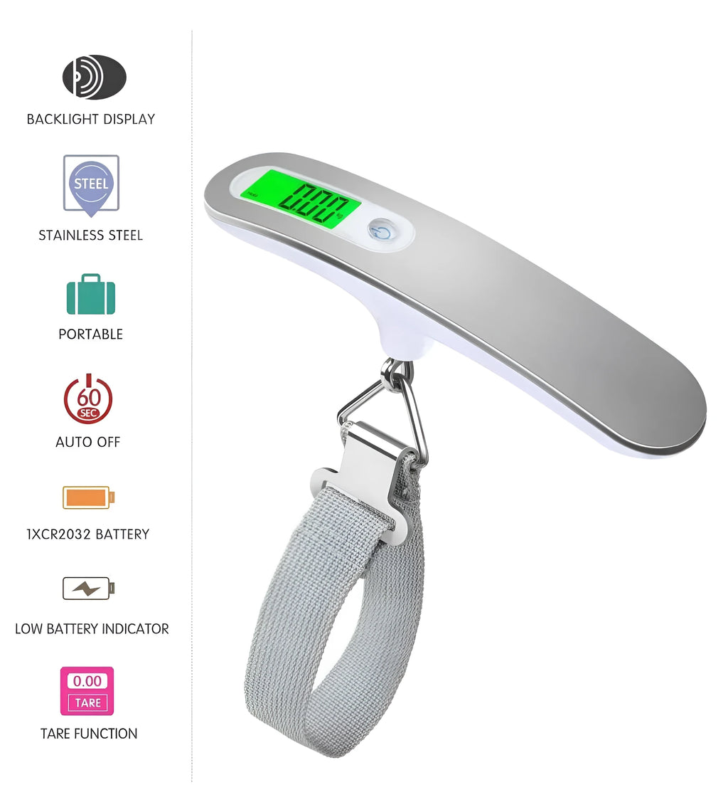 Silver portable LCD digital luggage scale with belt on handle, 50kg capacity