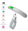 Silver portable LCD digital luggage scale with belt on handle, 50kg capacity