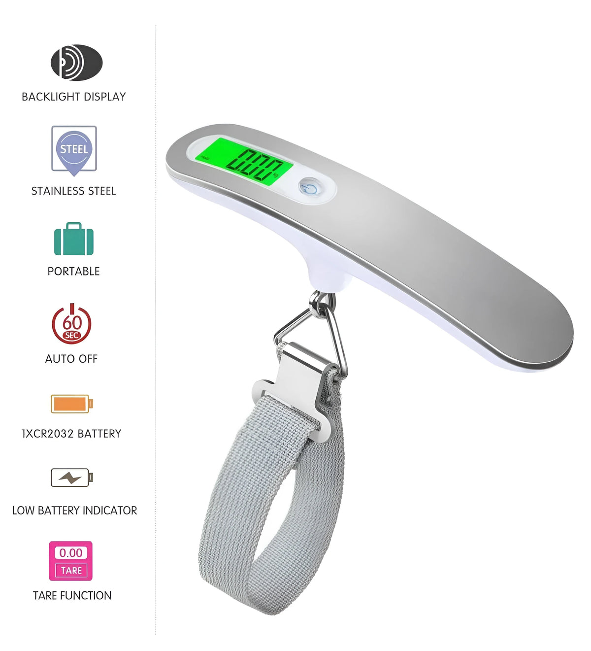 Silver portable LCD digital luggage scale with belt on handle, 50kg capacity