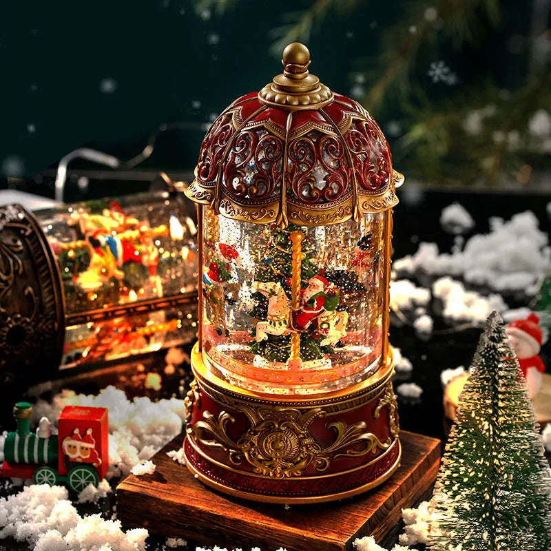 Christmas carousel music box plastic spinning ornament with old man and tree motif bronze finish