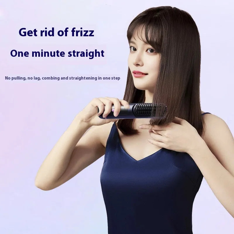 Portable negative ion hair comb in dark blue with USB charging port.