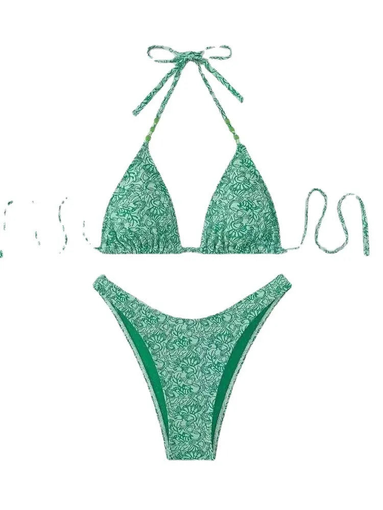 Women's floral halter bikini set with matching shorts in red, sky blue, sapphire blue or emerald green