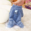 Four-legged dog clothes in blue with high collar and towing ring, showing plush material and full-body coverage