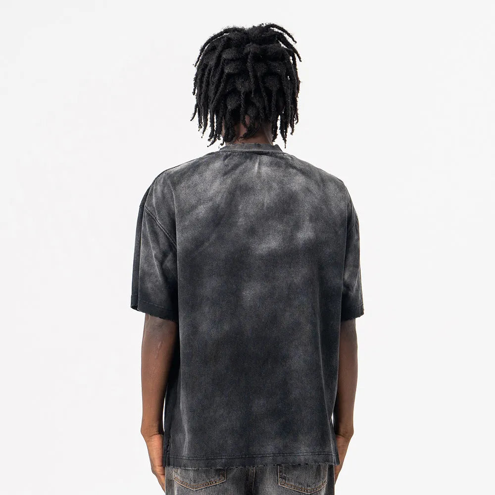 Men's black loose fit cotton t-shirt with letter print design and drop-shoulder short sleeves