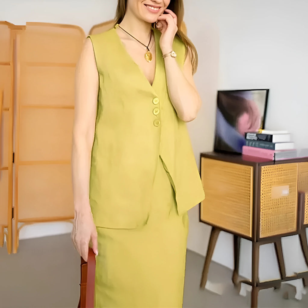 Blue sleeveless vest and matching long skirt two-piece set laid flat.
