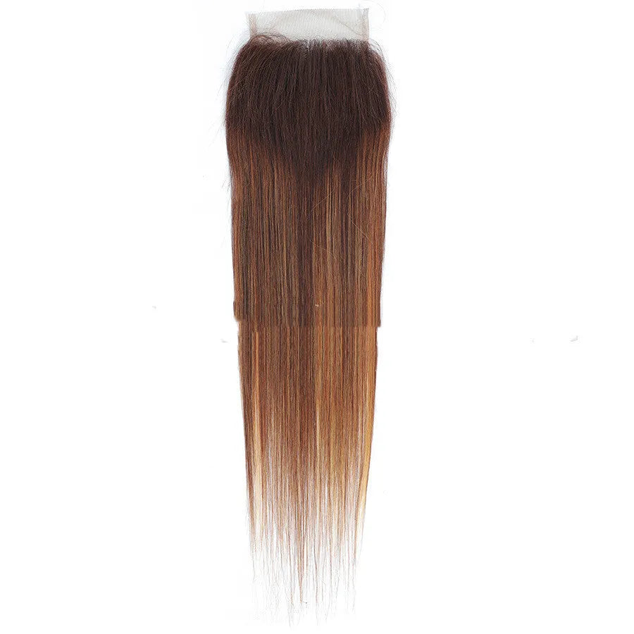 Human hair wig piece with long straight hair and side bangs in 8A bundle bubble hair, piano colour effect, 8-32 inch lengths