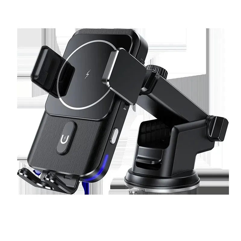 Black car wireless charger phone holder with 15W charging mounted on dashboard