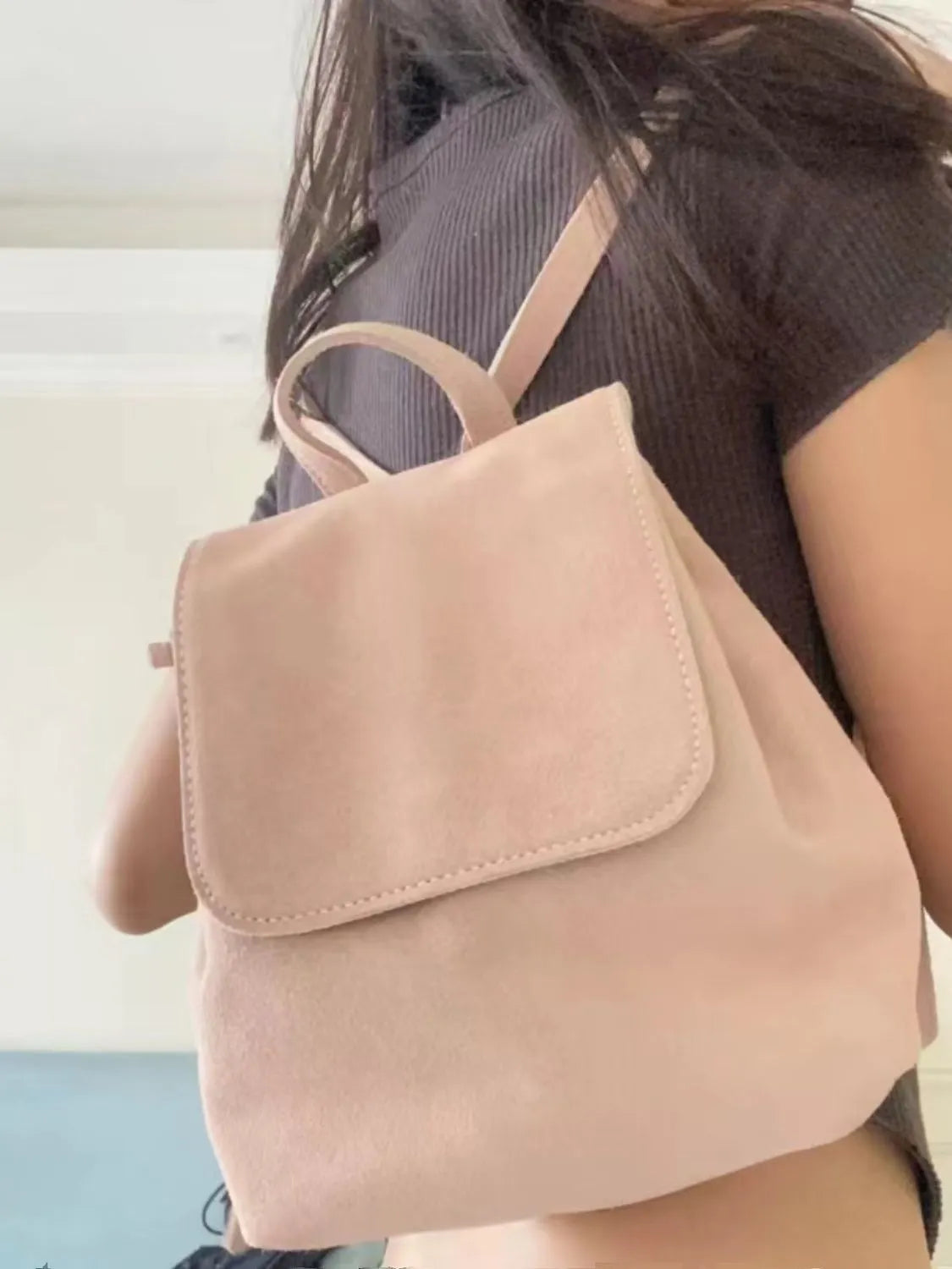Retro suede girls backpack in brown or pink with polyester outer and suede leather lining