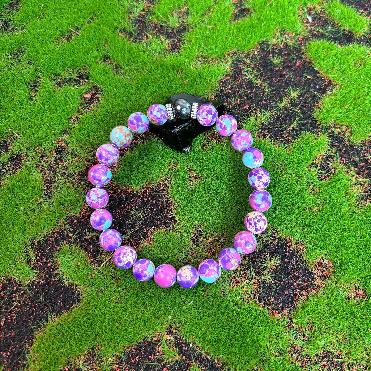 8mm geometric glass and coloured glaze beaded bracelet on elastic string, transparent colour, unisex handmade design