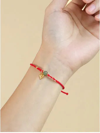 925 silver Hetian jade handmade woven bracelet with red cord strap, women's original design