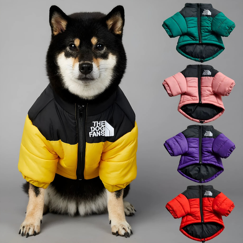 Windproof and rainproof polyester dog winter coat in dark green, available in multiple sizes