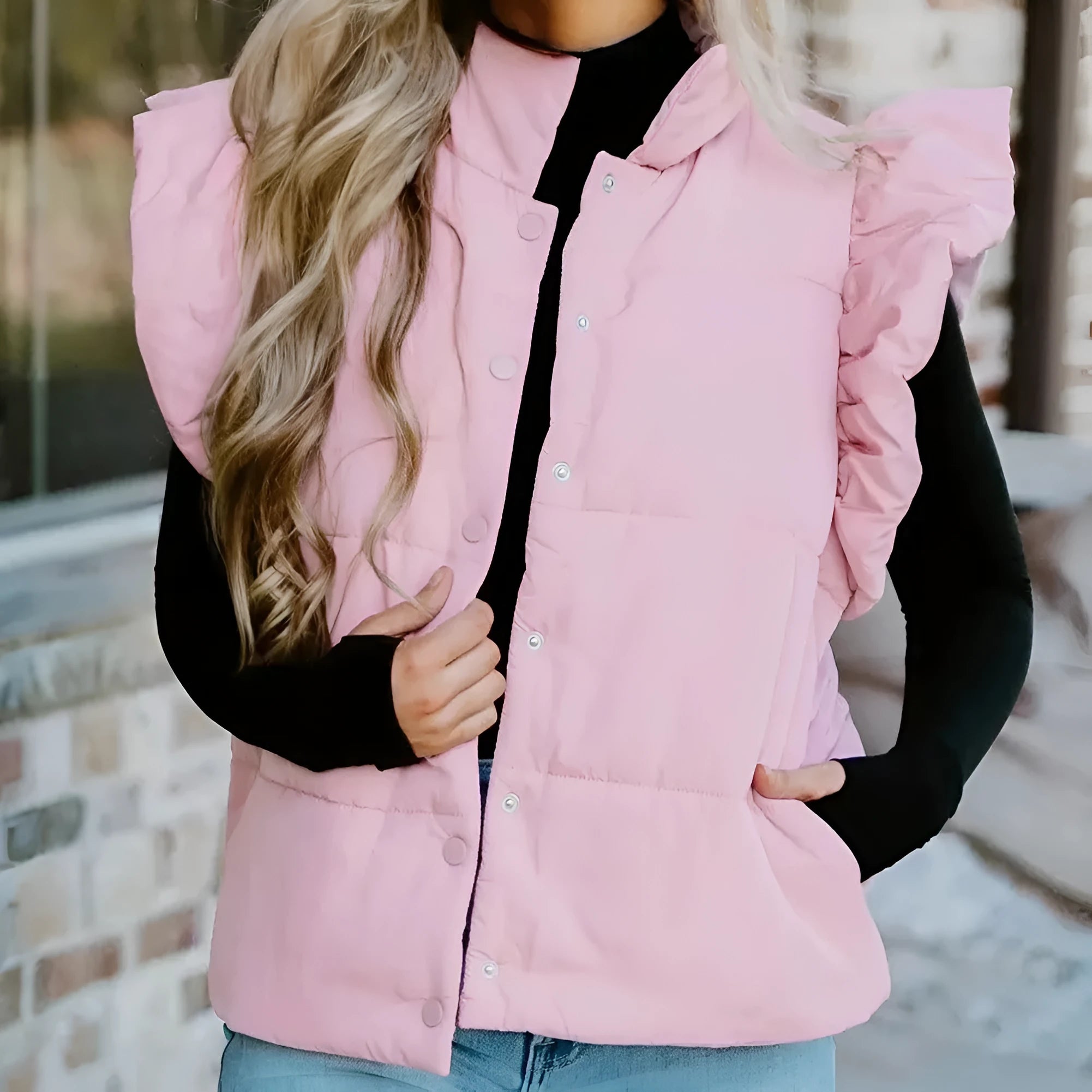 Pink polyester puffer vest with stand neck, flutter sleeves, and snap buttons – front view
