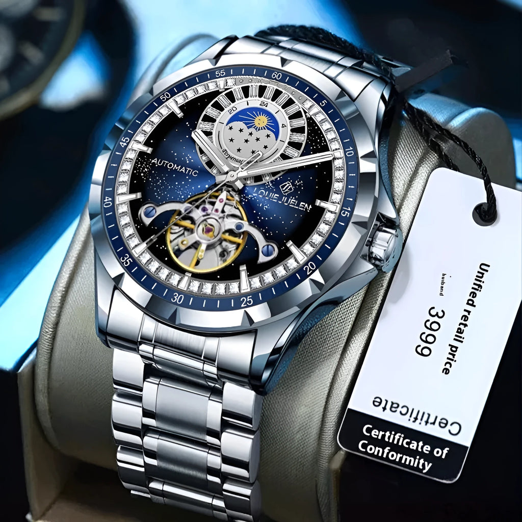 Silver case waterproof automatic mechanical watch with blue dial and stainless steel strap