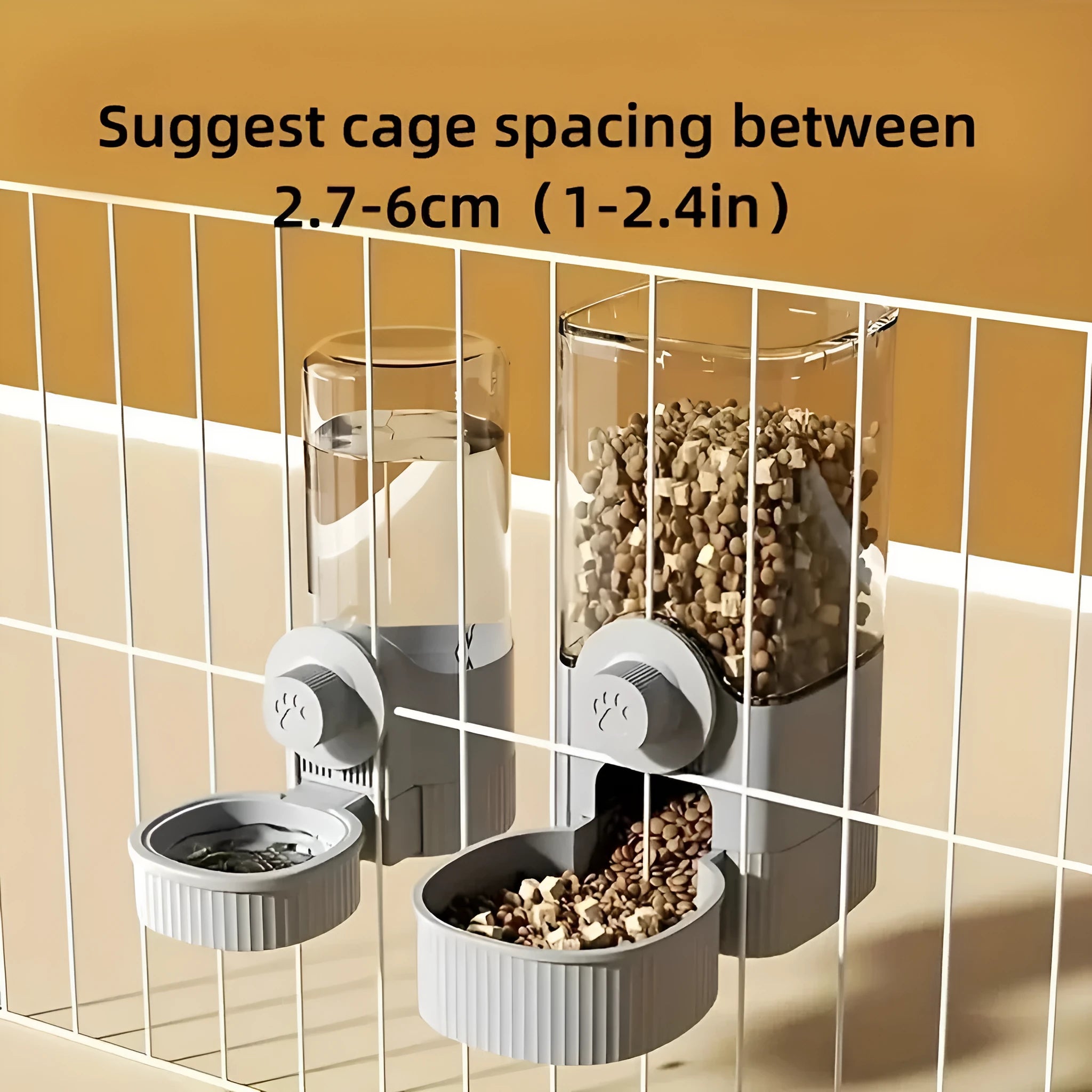 1.2L automatic pet feeder and 520ml water dispenser in elegant grey, made from PP plastic, for small dogs, cats and rabbits in a cage setting.