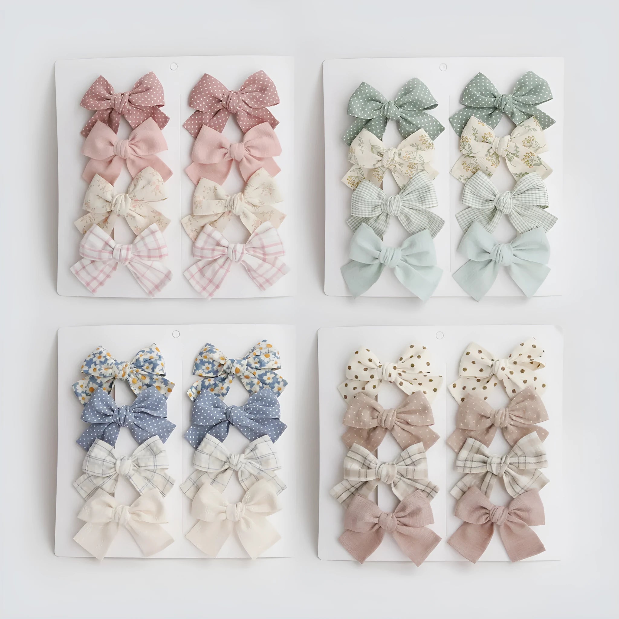 Children's fabric hairclips with dovetail bow design in multiple colour patterns