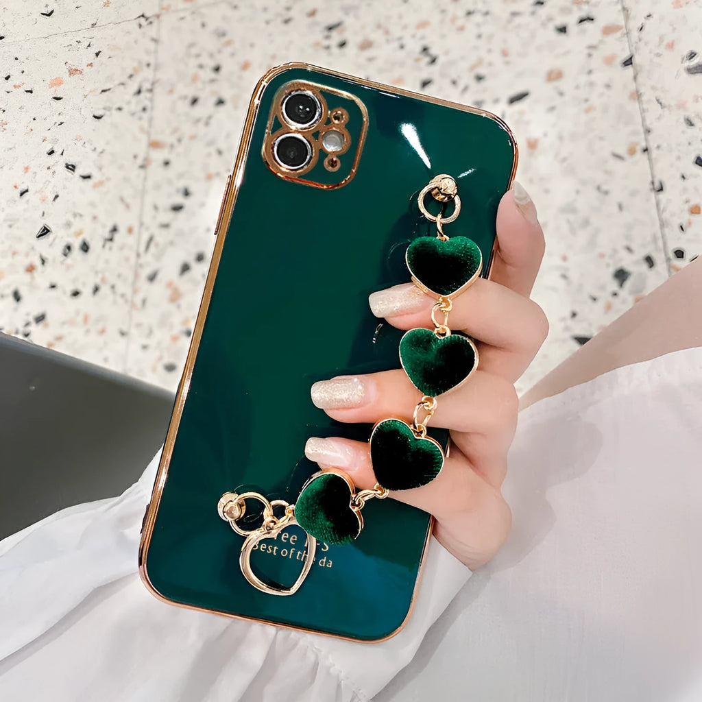 Green silicone phone case with attached bracelet for Samsung and iPhone Xr.