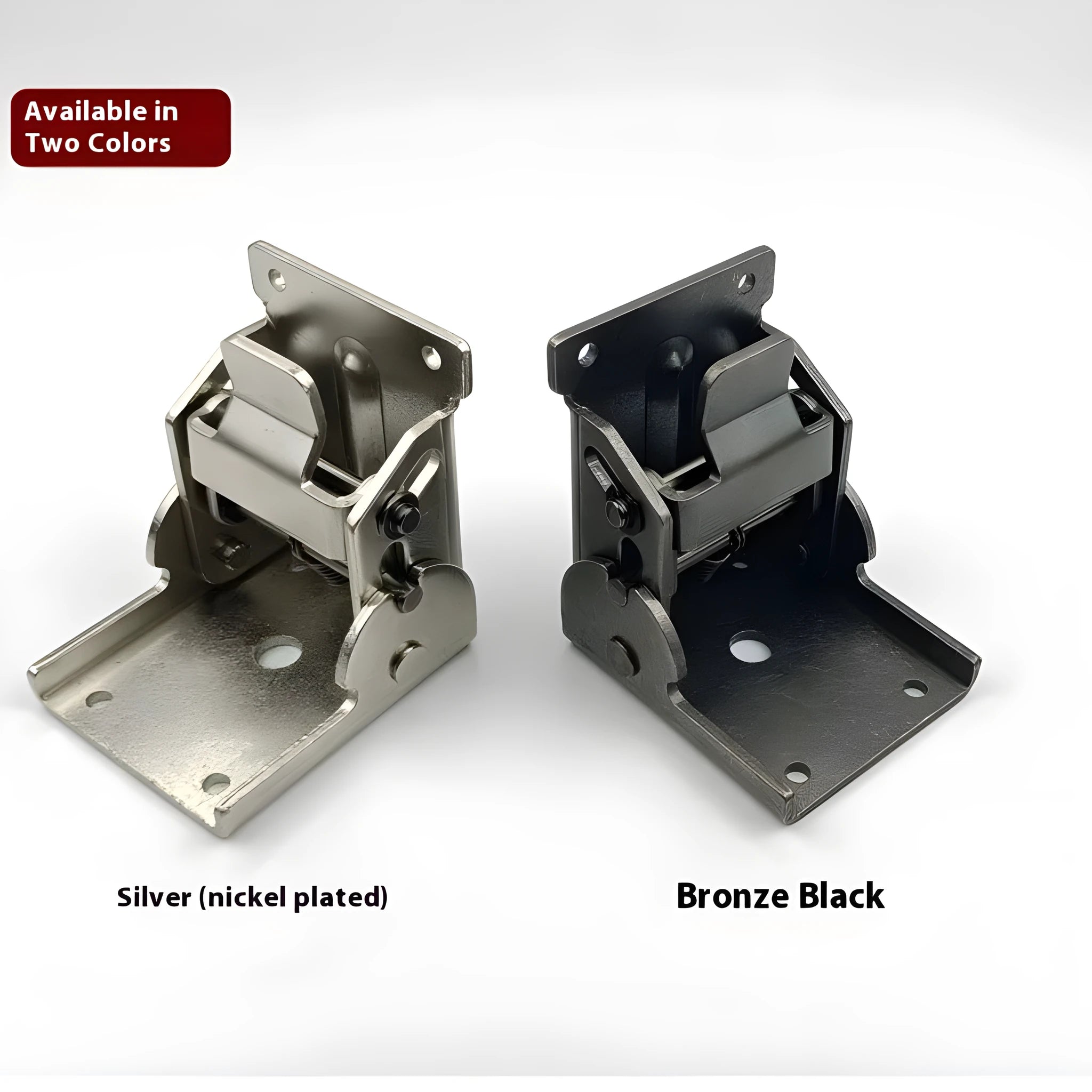 A metal furniture folding hinge with an electroplated finish, shown in a 90-degree open position.