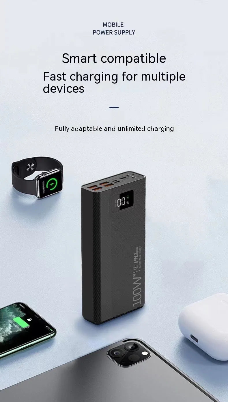 Large capacity power bank in black or white with plastic shell showing charging ports
