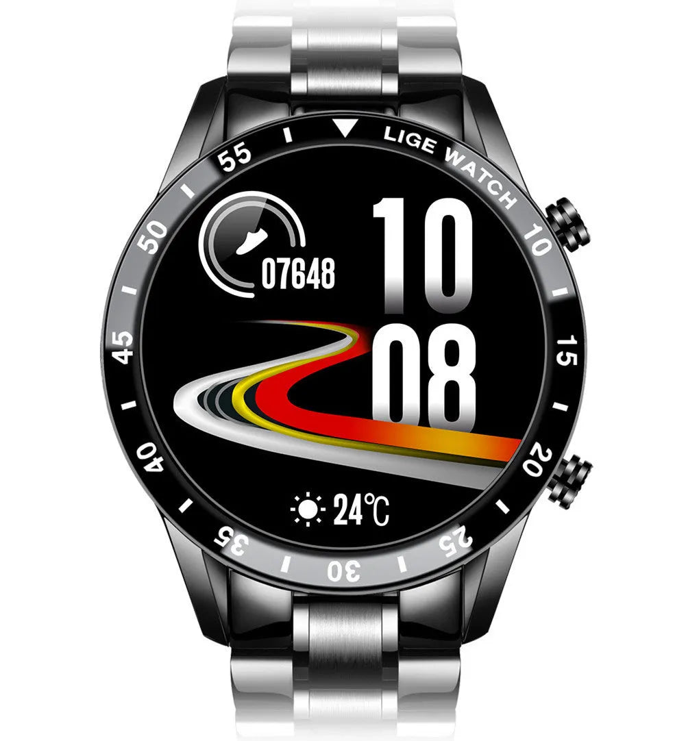 Smart watch with stainless steel band and 1.3-inch touch screen displaying step count.