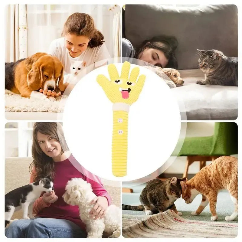Yellow palm-shaped squeaky plush dog teething toy with bite-resistant fabric for puppy chewing relief