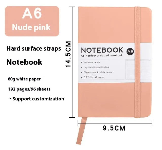 A5 office diary with hand skin feeling PU leather cover and strap closure, open to show horizontal line pages.