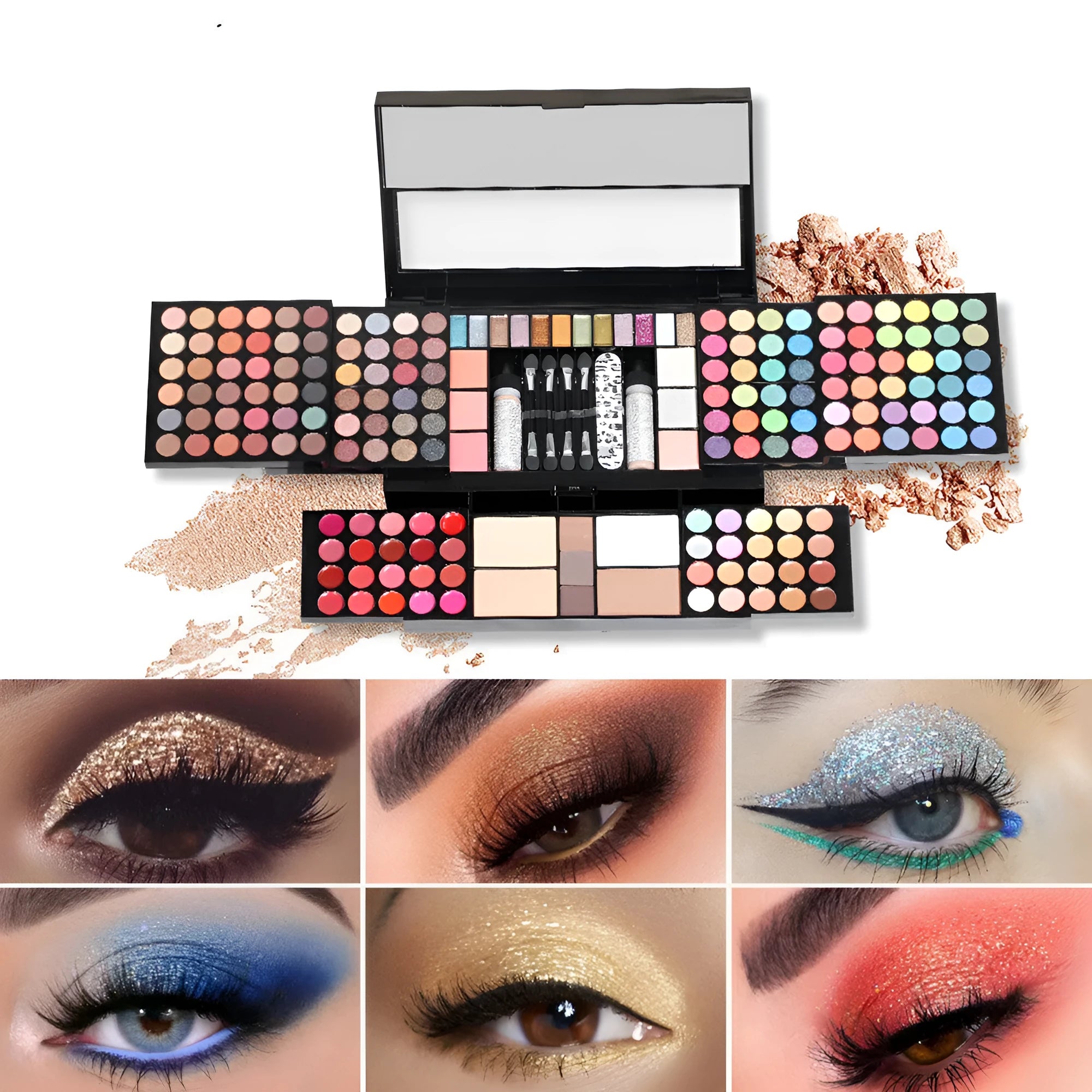 120 colour matte eye shadow palette in compact case with solid pink, purple, brown, and blue shades